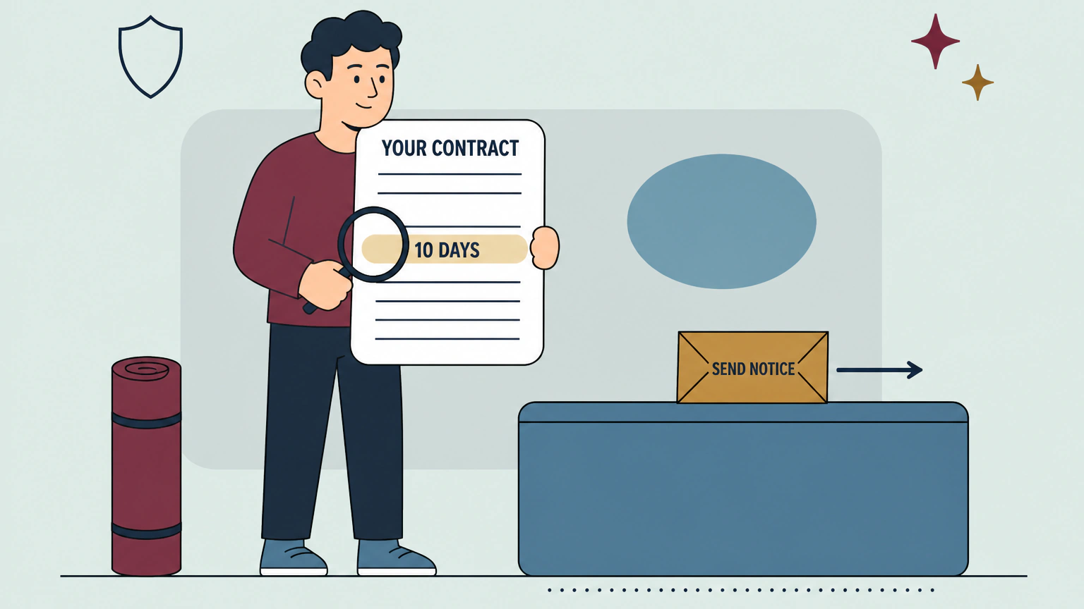 Flat vector illustration of a person holding up a contract sheet labelled "Your Contract" and using a magnifier over a highlighted line reading "10 days", beside a reception desk with an envelope marked "Send notice".