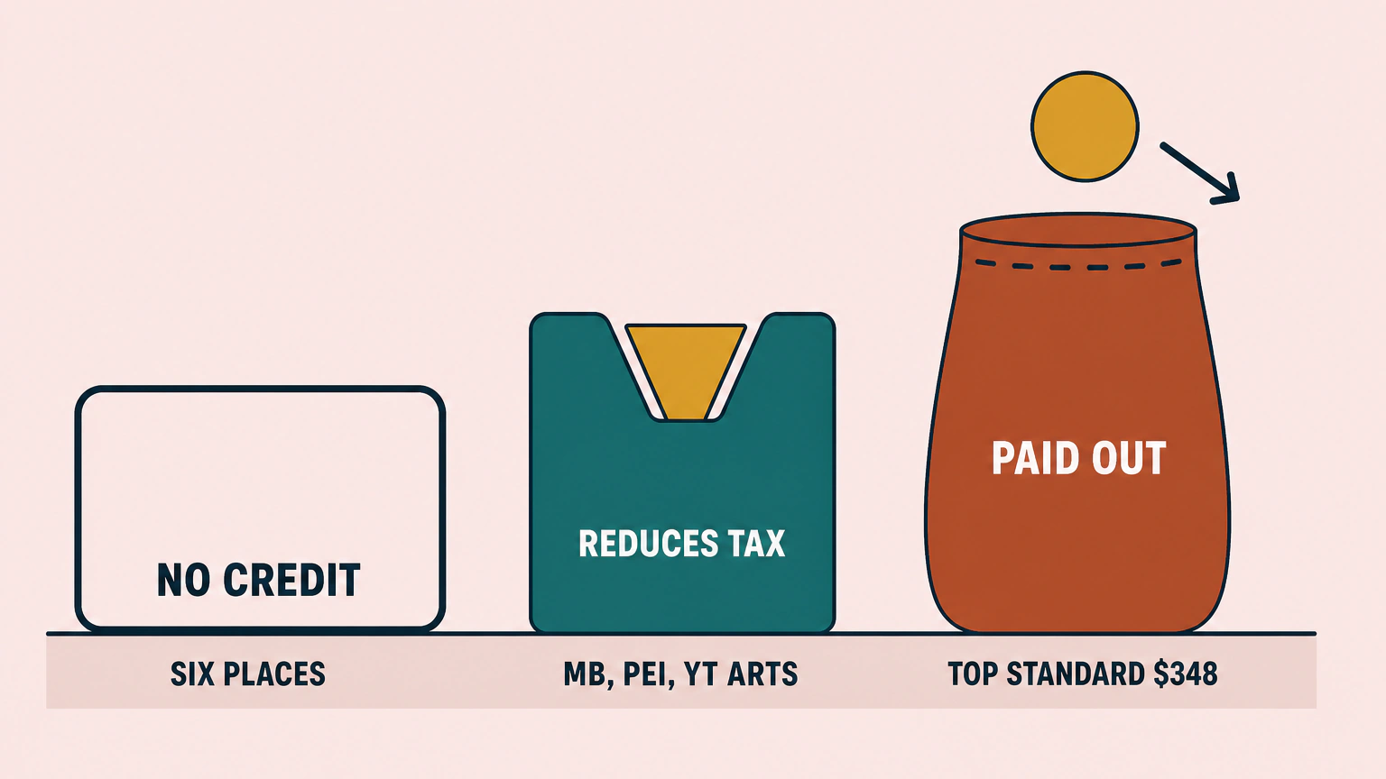 Flat infographic of three separate shapes showing the three outcomes for a Canadian family: an empty outline frame labelled no credit for the six places with nothing, a notched block labelled reduces tax for Manitoba, Prince Edward Island and Yukon's arts amount, and a taller pouch with a coin whose top standard payment is $348, while Saskatchewan's disability-tax-credit maximum is $400.