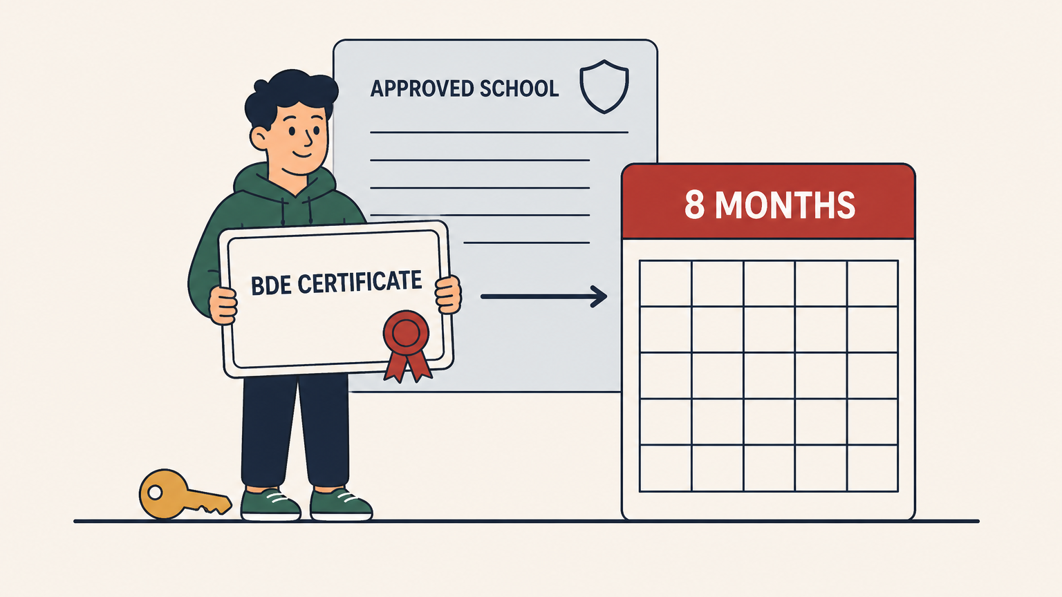 Flat illustration of a learner driver holding up a BDE certificate beside a calendar card labelled eight months, with an approved-school panel behind them.