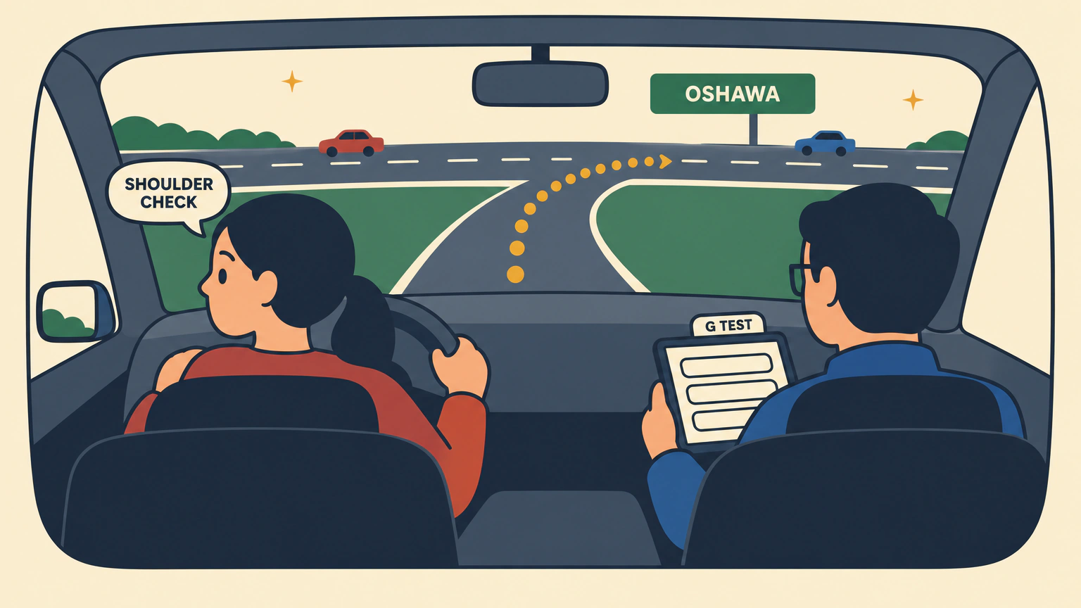 Seen from the back seat of a small car, a learner in a red sweater turns her head for a shoulder check while the examiner beside her holds a tablet tabbed G TEST. Through the windshield, an on-ramp joins a highway under a green sign reading OSHAWA.