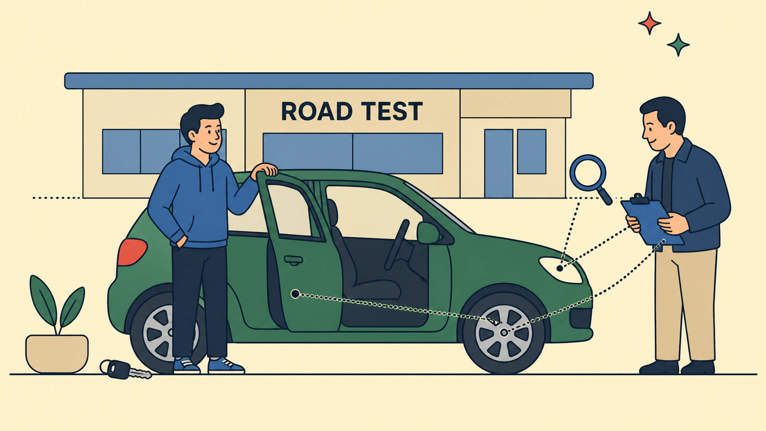 A learner stands at the open driver's door of a green hatchback outside a low licensing centre marked ROAD TEST, while an examiner holding a clipboard checks the car's headlight, wheel and door.