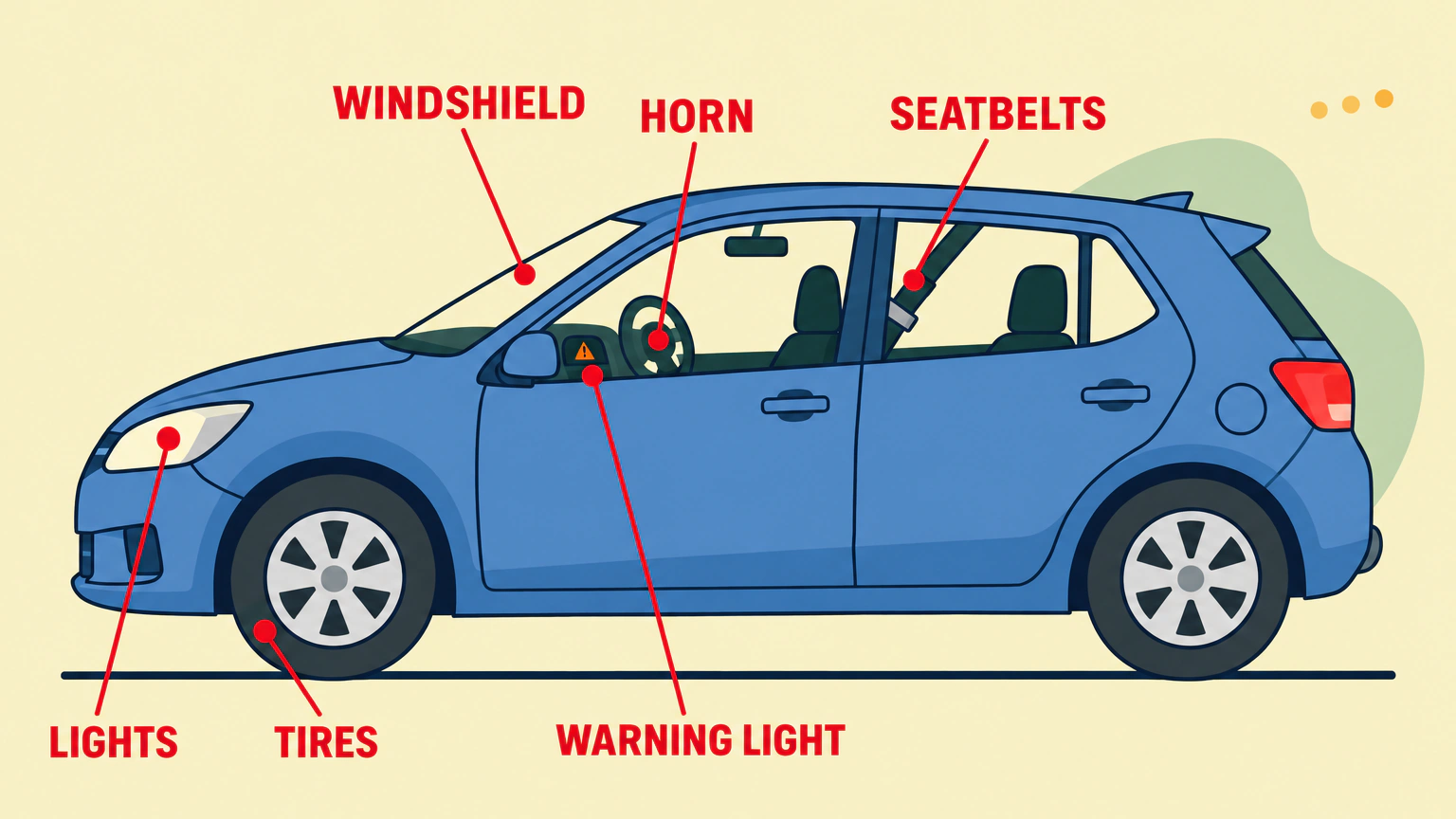 A side view of a blue hatchback with six marker dots and labels showing the parts an examiner checks: seatbelts, windshield and warning light above the car, horn, tires and lights below it.