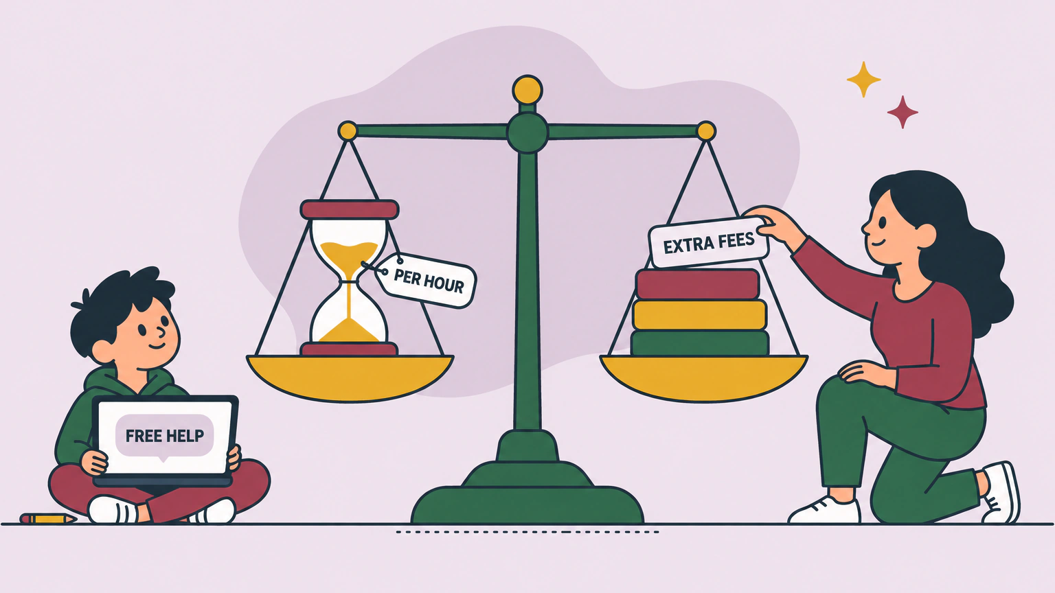 Flat illustration of a two-pan balance scale with a level beam. The left pan holds an hourglass tagged PER HOUR and the right pan a stack of coloured cards labelled EXTRA FEES, while a kneeling parent adds one more card and a child sits on the floor with a laptop showing FREE HELP.