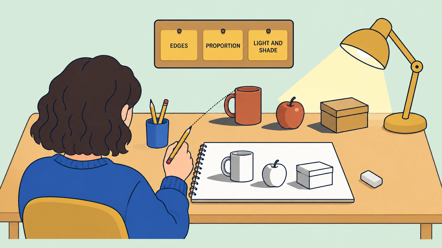 Seen over a learner's shoulder, a mug, an apple and a box on a table appear again as a simple pencil drawing in the sketchbook, with three tags on the wall: edges, proportion, light and shade.