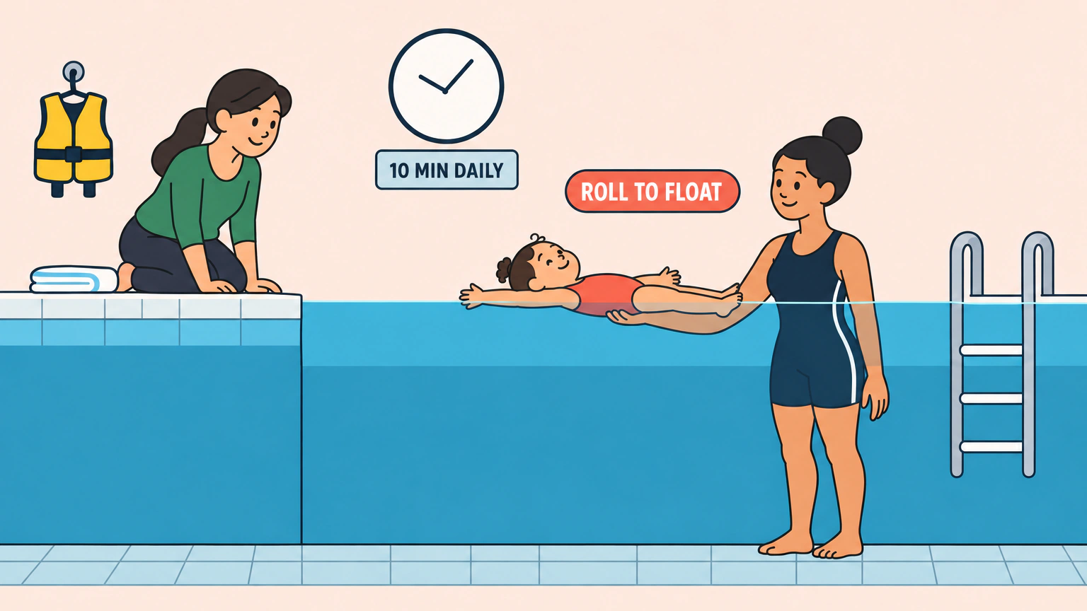 A swim instructor stands in a pool holding one hand under a floating toddler while a parent kneels at the pool edge, with signs reading roll to float and 10 min daily on the wall.