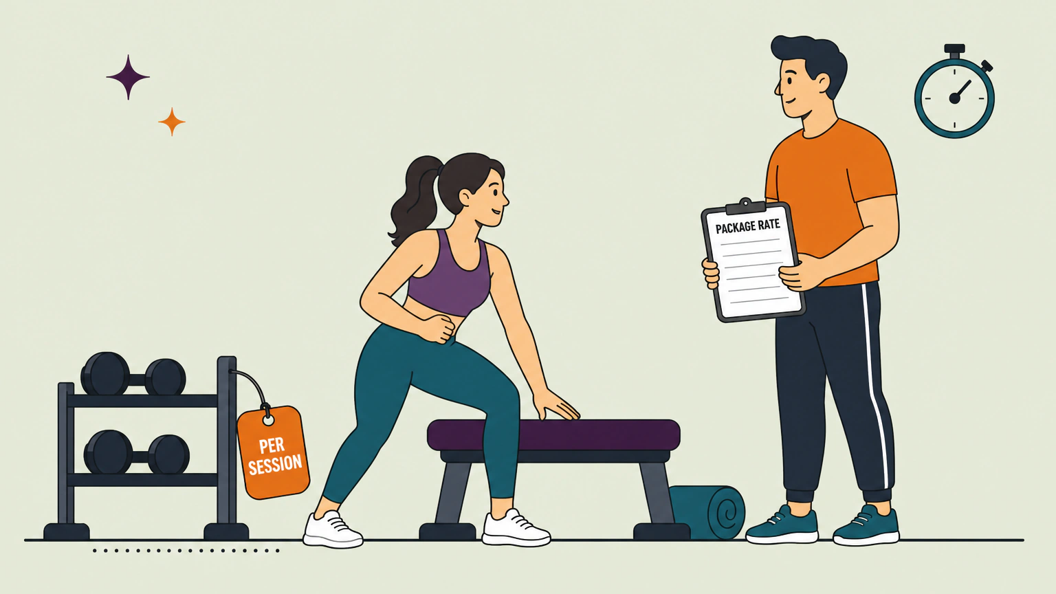 Flat vector illustration of a gym floor. A trainer holding a clipboard marked PACKAGE RATE stands beside a client mid-exercise on a low step bench, with a dumbbell rack and a hanging price tag marked PER SESSION on the left.