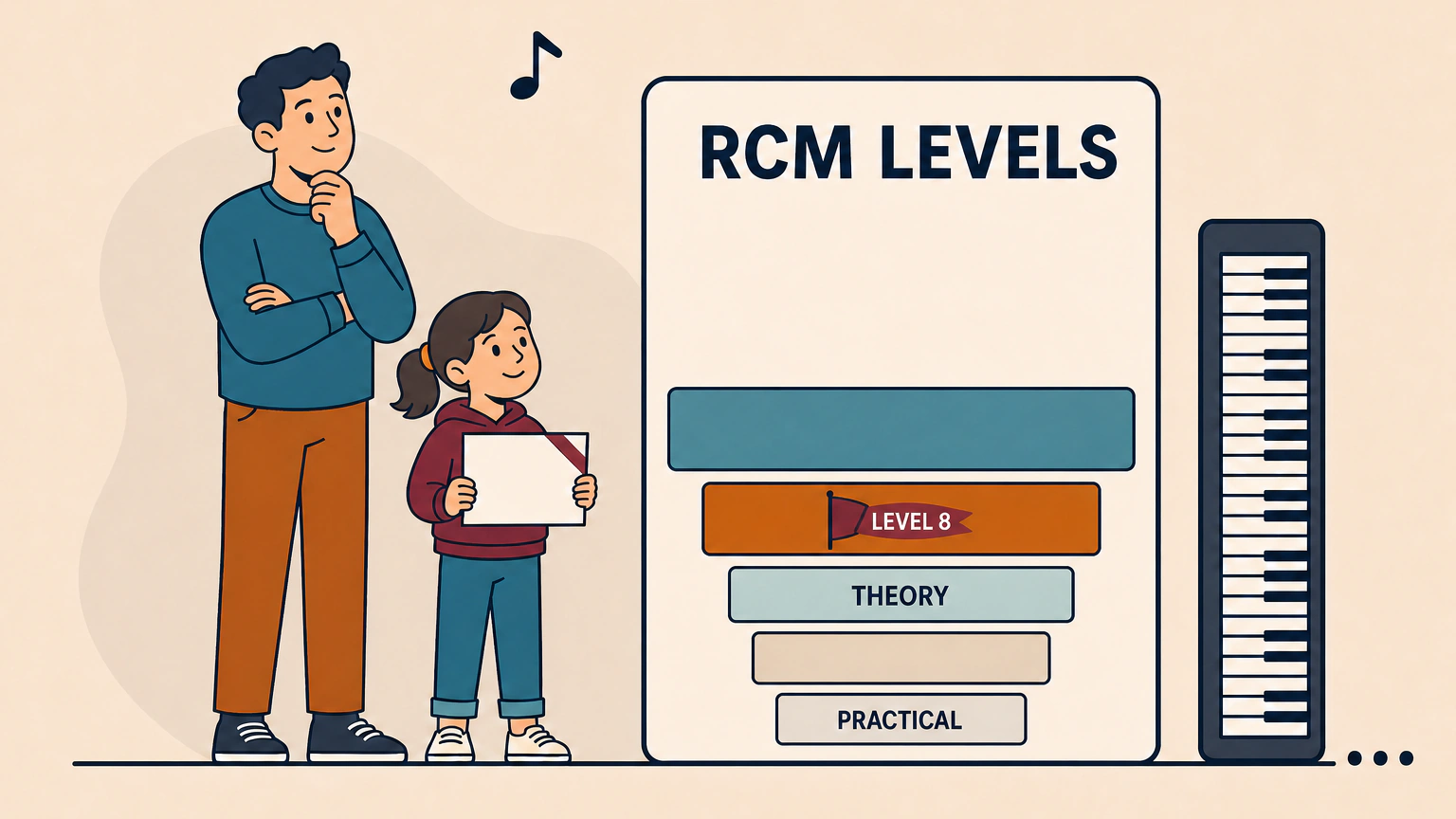 Flat illustration of a parent and child beside a tall panel labelled RCM Levels, with banded rungs marked Practical and Theory and a small pennant marked Level 8.